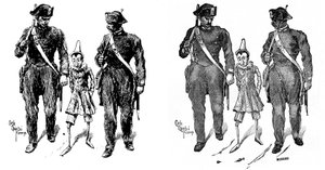 コッローディ (カルロ・ロレンツィーニ) の作品の最初のイタリア人イラストレーターの 1 人、カルロ・キオストリ (1863-1939) によるピノキオ。 2 人の憲兵が木製の人形を受け取ります。 左の画像はChiostriの原画、右の画像は彫刻されたcarri 作： Carlo Chiostri