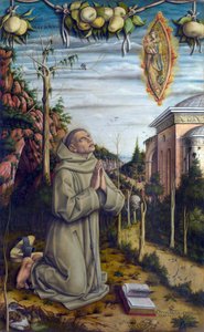 祝福されたガブリエルのビジョン - ガブリエレ・フェレッティ (1385-1456)、イタリアのフランシスコ会は聖母マリアと子供のイエスが現れるのを見る - カルロ・クリヴェッリによる絵画 (1435 年頃 - 1495 年頃)、木にテンペラ (141x87 cm) 作： Carlo Crivelli