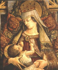 子供を吸うマドンナ」細部（パネルにテンペラ） 作： Carlo Crivelli