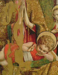 マドンナとチャイルド、キリストの子の詳細、Valle Castellamo temperaの2番目の三連祭壇画の中央パネルの76632のパネルの詳細 作： Carlo Crivelli