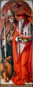 カメリーノのカテドラーレ（Duomo di Camerino）のポリプティク。聖ジェロームと聖アウグスティヌス。カルロ・クリヴェッリ(1430/35-1494/1500)による絵画。木にテンペラ 作： Carlo Crivelli