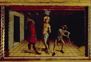 キリストの鞭打ち、サンシルヴェストロポリプティクの中央右手プレデラパネル、1468（パネル上のテンペラ）（76657を参照） 作： Carlo Crivelli