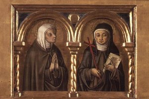 身元不明の女性とアッシジの聖クレア（プレデラパネル）（57606のディテール） 作： Carlo Crivelli