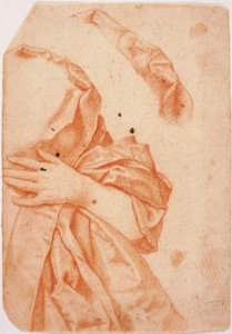 女性の半身像の左半分のドレープ スタディと首周りのドレープの繰り返し 作： Carlo Dolci