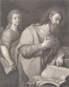聖マタイ、胸に手を当てて右側の本の前に立っている、もう一人の男は...、1750-84 作： Carlo Faucci