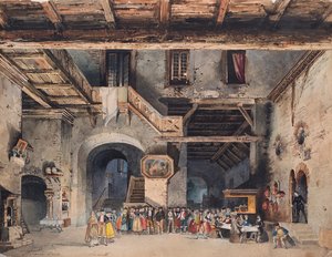 ジュゼッペ ヴェルディによるオペラ ラ フォルツァ デル デスティーノのセット デザイン。 作： Carlo Ferrario