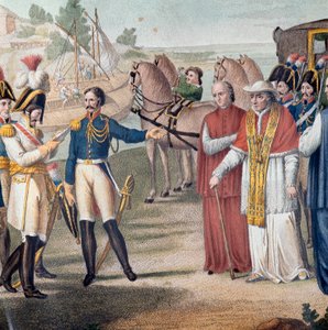 教皇ピオ7世（Pio）（1742-1823）はイタリアに戻る際、1814年3月25日にパルマ近郊でオーストリア・ナポリ軍に逮捕された - Carlo Lasinio（1759-1838）によるエングレーヴィング - カラーリトグラフ（The arrest of Pope Pius VII (1742-1823) on his return to Italy by. 作： Carlo Lasinio