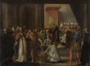 コンスタンティヌス帝がアリウス派の本を燃やしている、1640 年代 作： Carlo Magnone