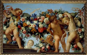 愛と花輪の絵 カルロ・マラッタ（1625-1713）作 17世紀 日1,06x1,73 m 作： Carlo Maratta or Maratti