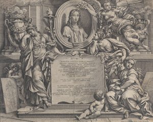 ラファエルの楕円形の肖像画と芸術の 3 人の寓意的な人物が描かれた口絵、1675 年。 作： Carlo Maratti