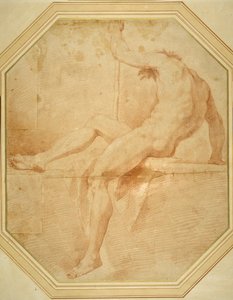 座ったまま背を向け、左手で杖を握るヌード（白紙に赤チョーク 作： Carlo Maratti
