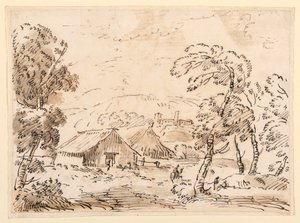 素描『山間の農民の住居と城』1762-1786年 作： カルロ・マルキオーニ
