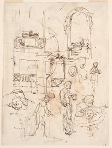 素描、建築と人物スケッチ、1760年頃 作： カルロ・マルキオーニ