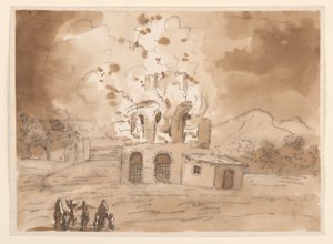 ドローイング、燃える塔のある風景、1780年頃 作： カルロ・マルキオーニ
