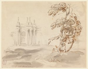 ドローイング、建物のある風景の中の木、1756-78年 作： カルロ・マルキオーニ