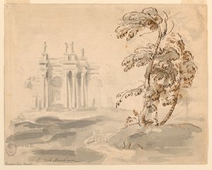 ドローイング、建物のある風景の中の木、1756-78年 作： カルロ・マルキオーニ