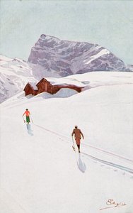 スイス・エンゲルベルク近郊の山中を歩く（カラーリトグラフ） 作： Carlo Pellegrini