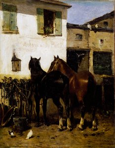 カルロ・ピッタラ（1836-1891）の絵画「ポストホース」、油彩・キャンバス、41x32cm、イタリア 作： Carlo Pittara