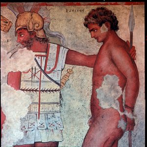 エトルリア文明。カルロ・ルスピ（1786-1863）がヴルチのフランソワ墳墓の紀元前4世紀のフレスコ画を複製した「パトロクロスに敬意を表してトロイアの捕虜を犠牲にする表現」。フィレンツェ、考古学博物館 作： Carlo Ruspi