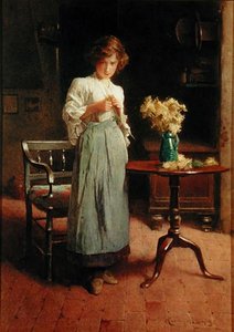テーブルと椅子のそばのコテージの女の子（紙に水彩） 作： Carlton Alfred Smith