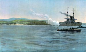 1898年4月29日、カバナ沖のスペイン騎兵隊の沿岸警備隊に発砲したサンプソン提督の旗艦、ニューヨークのアメリカ装甲巡洋艦