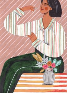 ストライプのシャツと緑のパンツを履いた女性 作： 