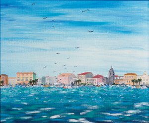 住宅のある海の風景、1995（船内アクリル） 作： Carolyn Hubbard Ford