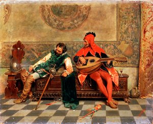 「酔った戦士と宮廷道化師」、19 世紀のイタリアの絵画。 作： Casimiro Tomba