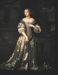 彫刻されたフリーズのそばのテラスに立つフィリッパ・スタントン夫人と彼女の犬の肖像（油彩・キャンバス） 作： Caspar (studio of) Netscher