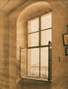 ドレスデンのアーティストのスタジオからのエルベ川の眺め (左の窓) 作： Caspar David Friedrich