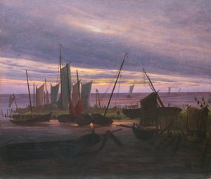 夕方の港のボートc。 1828
