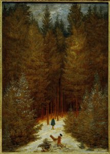 森の中の追跡者（雪に覆われたモミの森、モミの木 作： Caspar David Friedrich