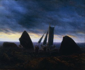 バルト海沿いのビーチで数字を渡す漁船。バルト海のビーチの岩の間の漁船 作： Caspar David Friedrich