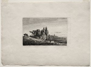 川沿いの木々の前に十字架のある歩道橋、1803年頃。 作： Caspar David Friedrich