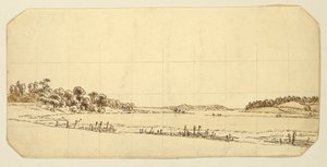 レイクサイド、1802-3（紙に鉛筆でペンと茶色のインクで洗う） 作： Caspar David Friedrich