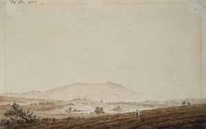 ジェシュケン山を望むボヘミアの風景、1803年（紙にペンとインクで洗う） 作： Caspar David Friedrich