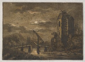 月明かりの下で跳ね橋と廃墟のある風景 作： Caspar David Friedrich