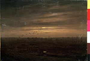 ""The fishing nets"" (漁網) 日没時の風景。 カスパー・ダーヴィト・フリードリッヒ (1774-1840) の絵画 19 世紀 エルミタージュ美術館 サンクトペテルブルク 作： Caspar David Friedrich