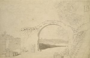 アーチのある川の風景（未完成）（紙に鉛筆、ペン、トイレ）
