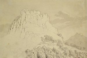 森の丘が前にあるロッキーヒルトップ（鉛筆、ペン、トイレットペーパーで洗う） 作： Caspar David Friedrich