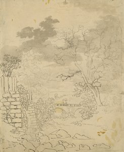 ブリッジ付きストリーム、c.1799（紙に鉛筆、ペン、インク） 作： Caspar David Friedrich