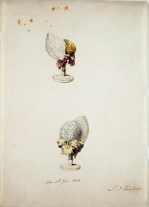 1806年6月1日、スタンドに2つの女性用ボンネット（紙にペンとトイレ） 作： Caspar David Friedrich