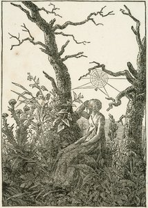 裸木の間に蜘蛛の巣を張った女性 作： Caspar David Friedrich