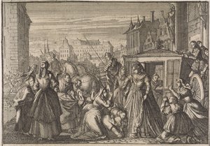 パリのアン女王の前にひざまずき、減税を懇願する女性たち、1645 年 作： Caspar Luyken (attributed to)