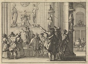 デン・ボッシュの征服後にそこの教会で発見された塗装された窓、1629年、キリストとマリアの間の司教ギスベルトゥス・マリウスを描いた 作： Caspar Luyken