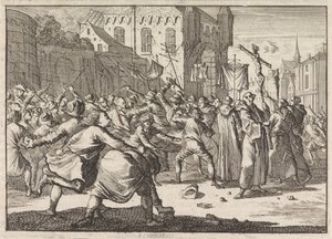 ダンツィヒで行列が石を持った人々に迎えられる, 1678 作： Caspar Luyken