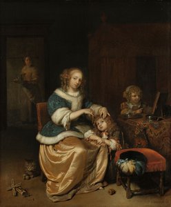 母親が子供の髪をとかすインテリア、「妊産婦ケア」として知られる、1669年 作： Caspar Netscher