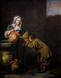井戸のそばで酒を飲む若い煙突掃除人 作： Caspar Netscher