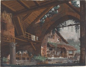 水車小屋のある古代遺跡の建築ファンタジー