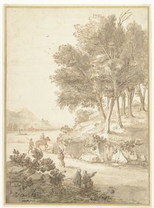 道路沿いの人物と川を背景にしたイタリア風の風景 作： Caspar van Wittel